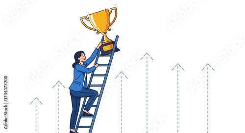 A woman climbing a ladder to achieve success and reach for a trophy victory competition