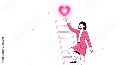 A woman climbing a ladder towards a heart representing hope and aspiration