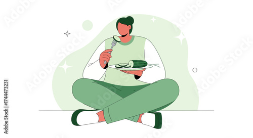 A woman eating cucumber in a healthy sitting posture, illustration vector design