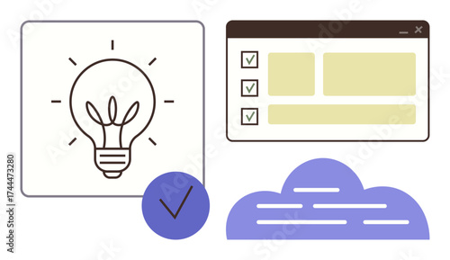 Light bulb for innovation, checklist interface for productivity, cloud for remote storage. Ideal for creativity, teamwork, planning, problem-solving, organization technology simplicity. Clean flat