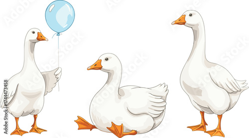 Cartoon Geese A delightful illustration set of three geese in various poses, perfect for design use