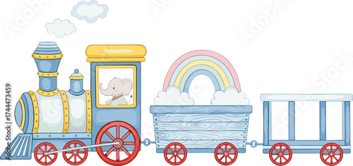 Whimsical blue train carrying a rainbow, perfect for children's themes and playful designs