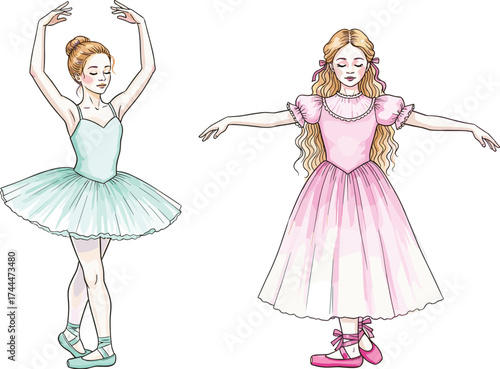 Charming artistic rendering of two young ballerinas in classic blue and romantic pink costumes, capturing the grace and beauty of dance
