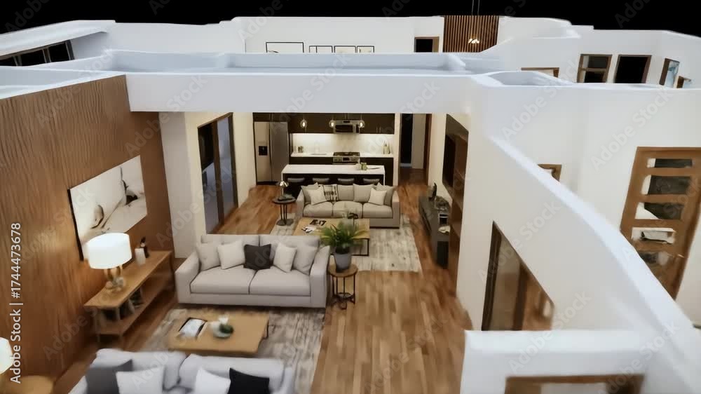 Realistic animated walkthrough of a contemporary house interior showing ...