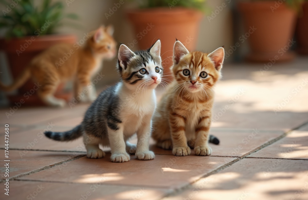 Naklejka premium Two small kittens sit on tiled ground near potted plants. One tabby kitten looks right, another ginger kitten looks front. Another ginger kitten plays in background. Cute pets waiting.