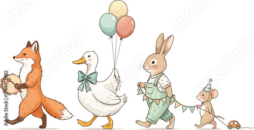 Festive Animal Parade Whimsical Celebration Illustration