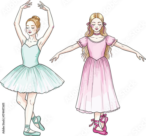 Two elegant ballerinas in traditional tutus gracefully posing in a studio, showcasing their poise and artistry