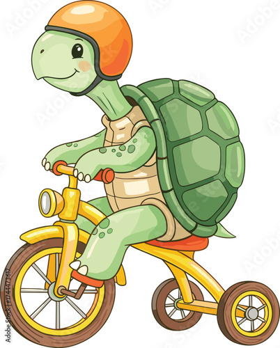 Adorable smiling tortoise cartoon in a protective helmet joyfully riding a children's tricycle on a white background