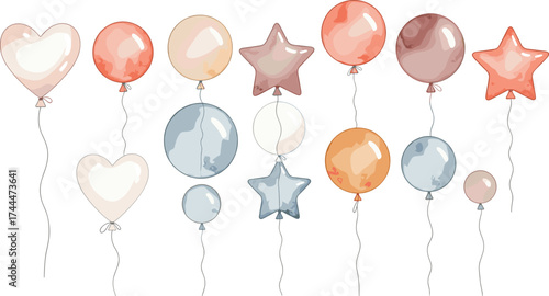 A beautiful collection of watercolor party balloons featuring heart, star, and round shapes in soft, gentle pastel colors for festive celebrations