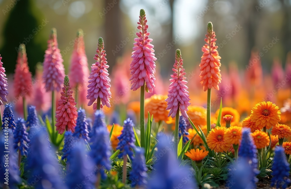 Obraz premium Bright pink and orange hyacinth flowers bloom in a sunny garden with blue muscari plants. Rich green foliage surrounds the colourful floral display, perfect for spring.