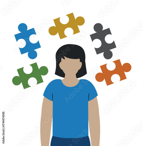 Identity confusion, identity crisis vector illustration.A girl surrounded by colorful puzzle pieces, mental health, identity, emotional balance, psychological complexity. Self-awareness and therapy.
