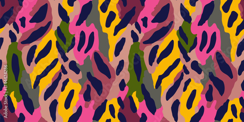 Abstract vector seamless pattern with animal print. Tropical exotic jungle background with spots, organic shapes. Modern colourful patchwork background texture. Trendy summer design for decor, fabric