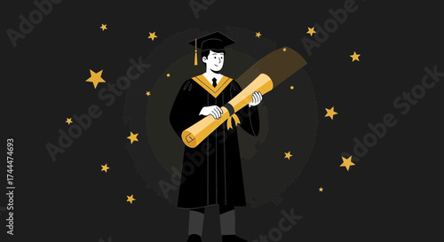 Academic Achievements Illustration: Celebration of Graduation and Knowledge with Starry Night