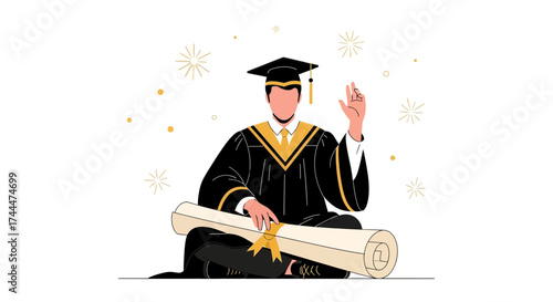 Academic Attire Illustration Of A Graduate Holding A Diploma At Ceremony Celebration