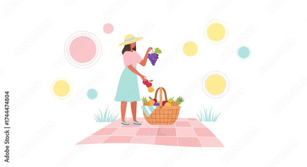 Fototapeta premium A Woman Preparing Food for a Picnic with Basket Fruits and a Checkered Blanket