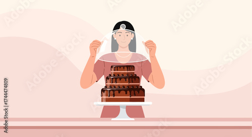 A Woman Presenting a Chocolate Layer Cake for a Celebration or Special Event