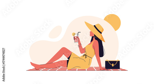 A woman relaxing on the beach, enjoying a cocktail on a sunny summer day
