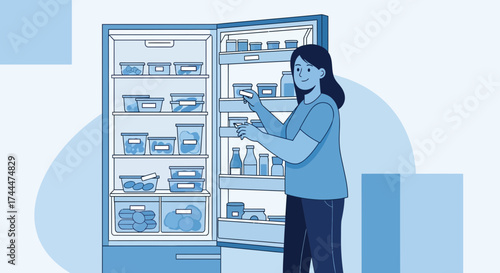 A Woman Reaching For Food In Her Organized Refrigerator With Blue Tones Displaying Freshness