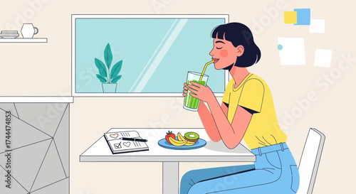 A Woman Savoring A Refreshing Green Juice And Thinking About Wellness Goals Scene