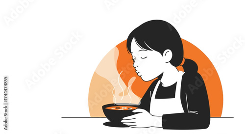A Woman Savors The Aroma Of Freshly Prepared Soup In A Warm, Comforting Illustration