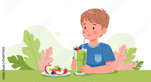 A young boy enjoying a healthy green smoothie with fresh fruits and vegetables