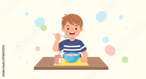 A Young Boy Enjoys Breakfast, Eating Cereal And Juice, Healthy Living And Happiness