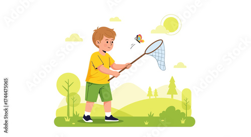 A young boy enthusiastically attempting to catch a butterfly in a field of green grass