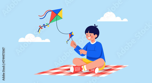 A young boy enjoying leisure time and having fun while flying a colorful kite outside