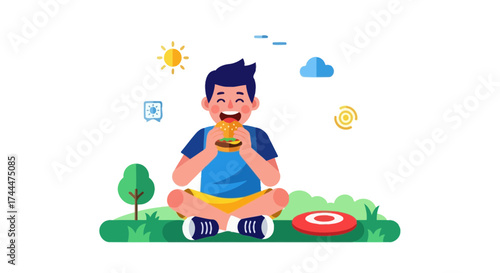 A young boy is eating a hamburger in the park, enjoying his lunch break in the sun