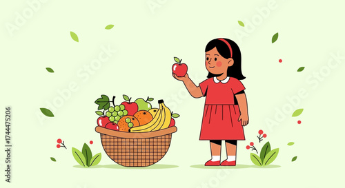 A Young Girl Admiring Apple Before A Basket Full Of Tasty, Colorful Fruits