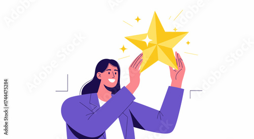 Achieving Excellence: Woman Holding a Golden Star Symbolizing Success and Achievement