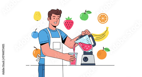 A Young Man Is Preparing a Refreshing Fruity Drink with a Blender