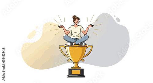 Achieve Success: A Woman Meditating atop a Trophy Symbolizing Goal Achievement
