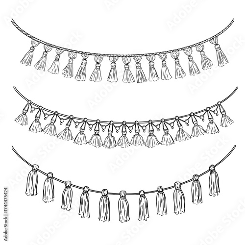 Fringe of tassels, bows and ribbons, black and white sketch. Vector illustration. A festive garland, a set of silhouettes, isolated on a white background. For holiday postcards, invitations, banners