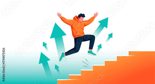 Achieve Success: Man Climbing Stairs With Ascending Arrows, Reaching New Heights
