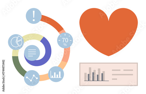 Circular infographic with charts, graphs, percentage data, text elements, large red heart, and dashboard. Ideal for health data, analytics, healthcare wellness reports research modern flat