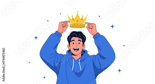 Achieved Success: A Man Proudly Places A Crown On His Head, Smiling Cheerfully