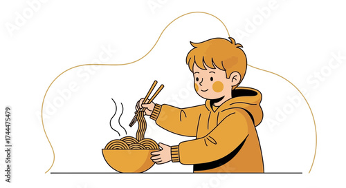 A Young Person Enjoying Noodles Illustration In A Simple, Eye-Catching, And Appealing Style
