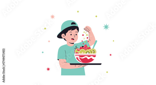A Young Person Garnishing A Bowl Of Freshly Sliced Fruits For Healthy Eating