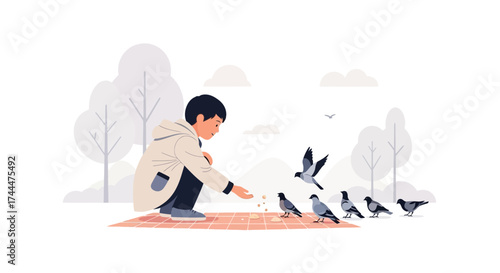 A Young Person Feeding Pigeons in a Park, A Calm and Gentle Moment