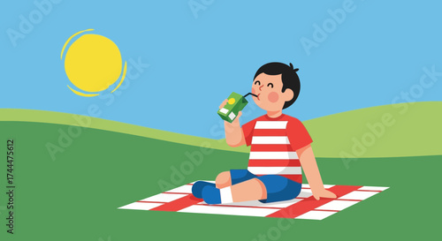 A Youngster Enjoying Juice While Relaxing On A Blanket Under The Warm Sun