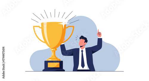 Achievement Celebration: A Successful Man Celebrating Victory With A Golden Trophy