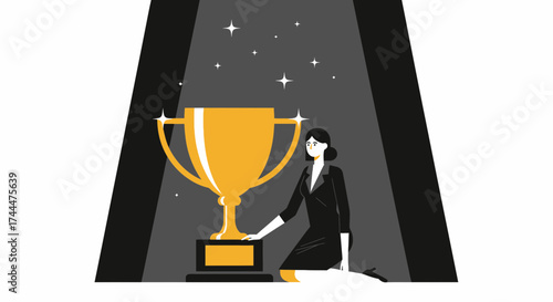 Achievement Celebration Moment Of A Successful Woman With Golden Trophy and Stars