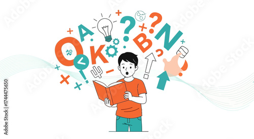 A Youngster Reads A Book, Illustrated With Letters, Numbers, And Light Bulb Ideas