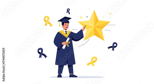 Achievement Celebration Of A Graduate Posing With A Golden Star For Success
