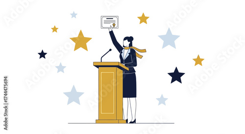 Achievement Ceremony: A Woman Celebrates Success, Holding Up Her Certificate With Stars