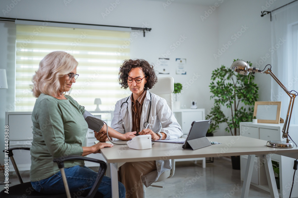 Obraz premium Female doctor checking blood pressure of senior woman in the doctors office
