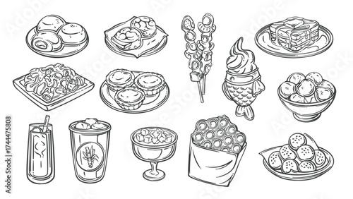 Hong Kong street food set outline Style. Asian snacks and desserts like egg waffles, mochi, egg tarts, tofu pudding, tanghulu skewers, and toast. Line vector illustration of local sweet Asian treats.