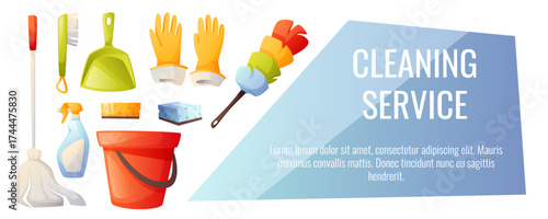 Cleaning services for apartments, residential buildings and commercial buildings. Mop, bucket, cleaning agent, spray, gloves. Set of designs of square postcard, horizontal banner and leaflet.