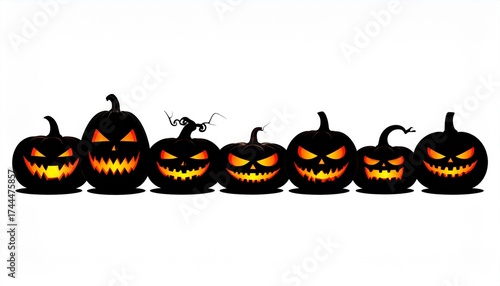 Spooky Halloween Jack-O-Lantern Border – Glowing Pumpkins with Evil Faces, Vector Style, Isolated on White Background